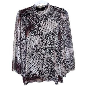 Chico's Animal Print Long Sleeve High Ruffled Neck Blouse Size 1 / Small